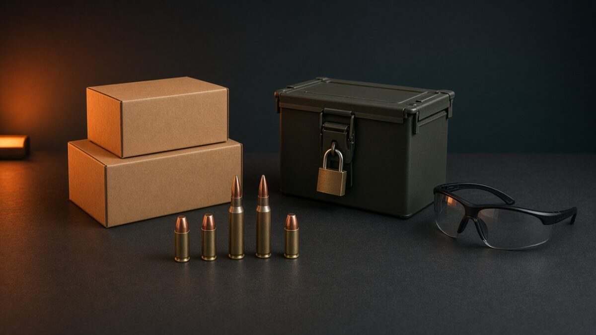 Handgun and rifle cartridges beside closed boxes, safety glasses, and a locked ammunition can