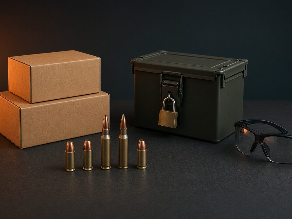 Handgun and rifle cartridges beside closed boxes, safety glasses, and a locked ammunition can