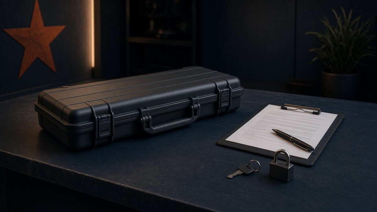 Locked hard case, transfer paperwork, and padlock on an FFL counter