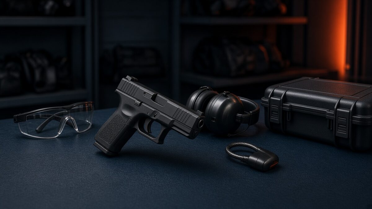 Unloaded compact handgun displayed with eye and ear protection, a cable lock, and a hard case