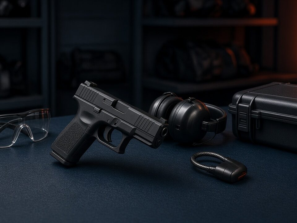 Unloaded compact handgun displayed with eye and ear protection, a cable lock, and a hard case