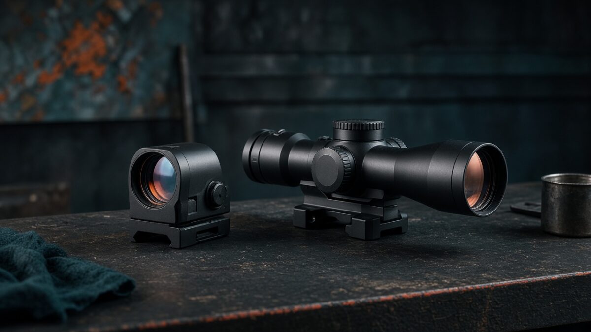A red-dot sight and variable-power rifle scope on a dark workbench