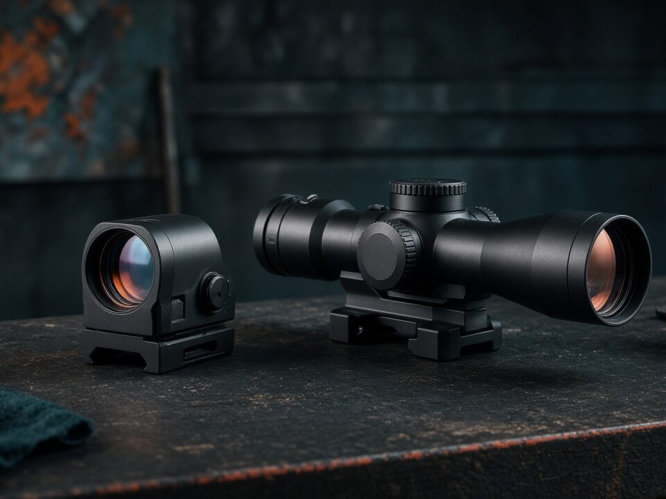 A red-dot sight and variable-power rifle scope on a dark workbench