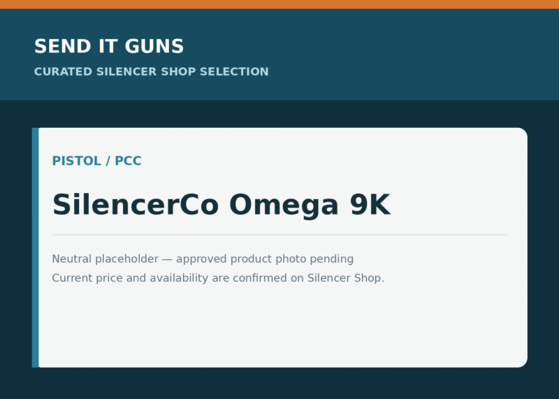 Neutral placeholder graphic for SilencerCo Omega 9K; approved product photo pending