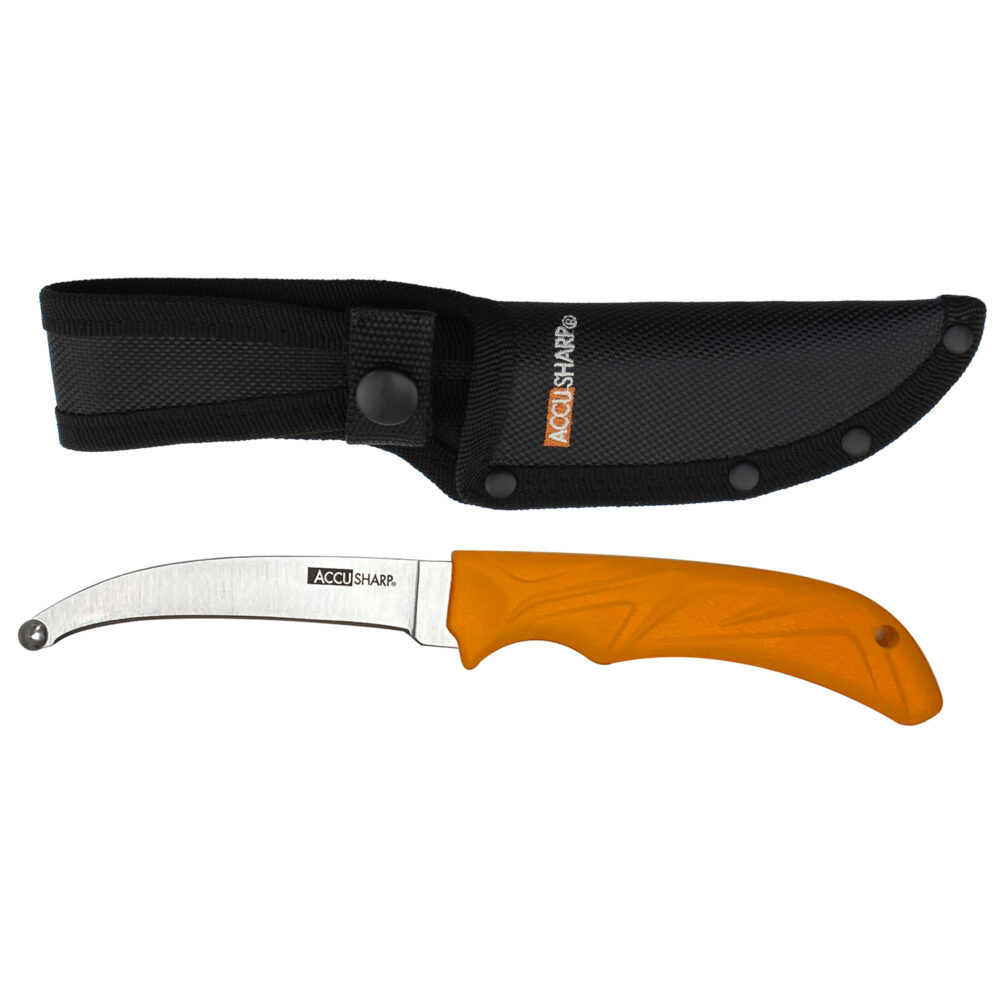 AccuSharp AccuZip Skinning Knife Fixed Blade Knife 4″ Stainless Steel Blade Orange Rubber Grip