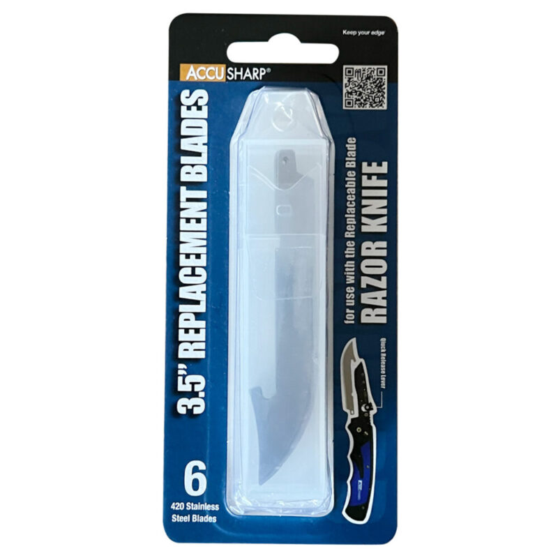 AccuSharp Razor Knife Replacement Blades (6)-3.5″ Stainless Steel Blades Blue Blade Storage Case