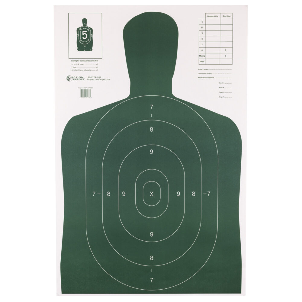 Action Target B-27E Economy Target 23″x35″ 100 Per Box Green Silhouette Cut Off Below Ring 7