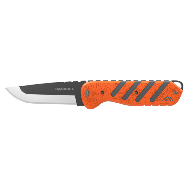 Outdoor Edge Razor HTX Folding Knife Includes (3) Drop Point Blades (2) Black Bone Blades (1) Gutting Blade Orange and Gray Rubberized Alumi