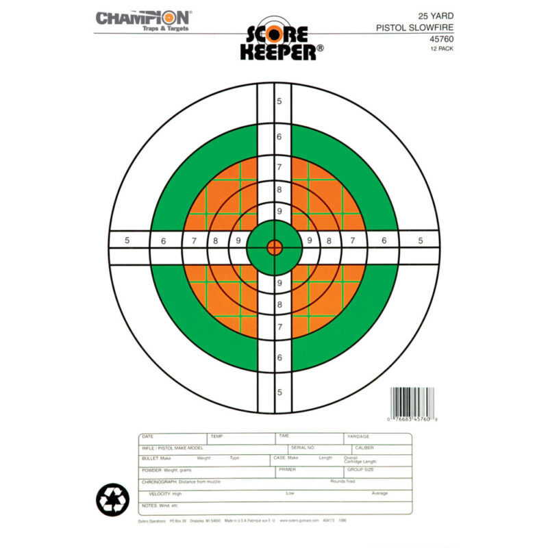 Champion Traps & Targets Fluorescent Orange/Green Bullseye Scorekeeper Target 25 Yard Pistol Slow Fire 12 Pack