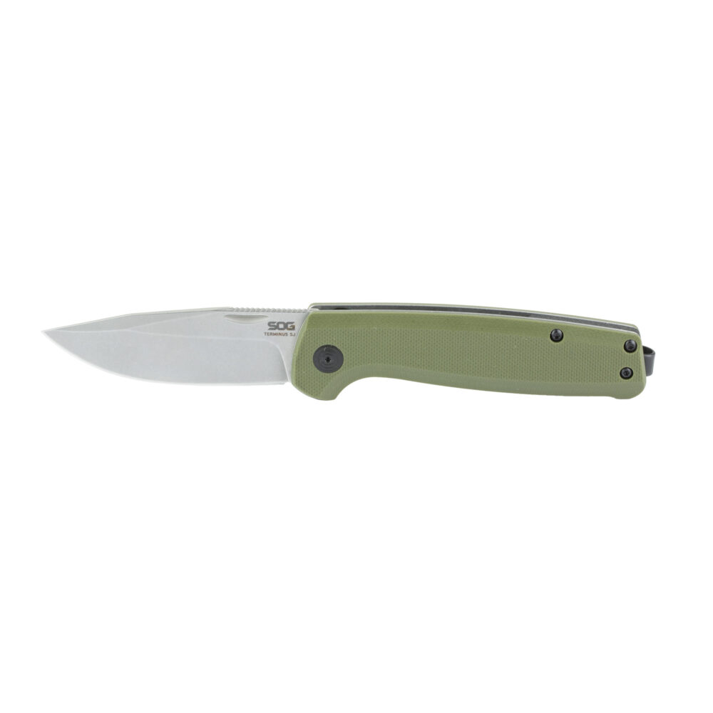 SOG Knives & Tools Terminus SJ Folding Knife 2.9″ Clip Point Blade CRYO D2 Blade Steel Olive Drab Green G10 Handle Silver