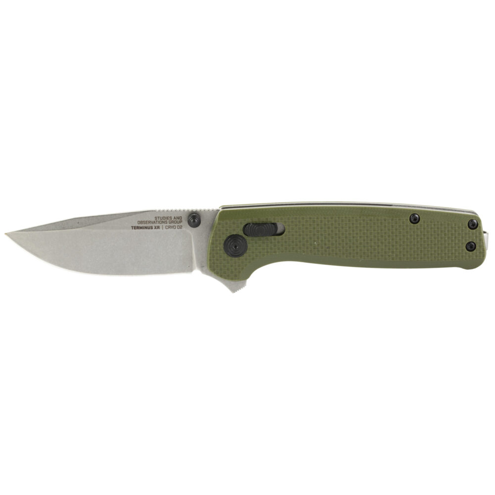 SOG Knives & Tools Terminus XR Folding Knife 2.95″ Straight Clip Point Olive Drab Green G10 Handle D2 Steel Silver