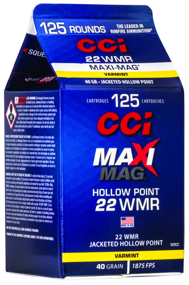 Cci Maxi-Mag Rimfire 22 WMR 40 gr Jacketed Hollow Point 125 rd