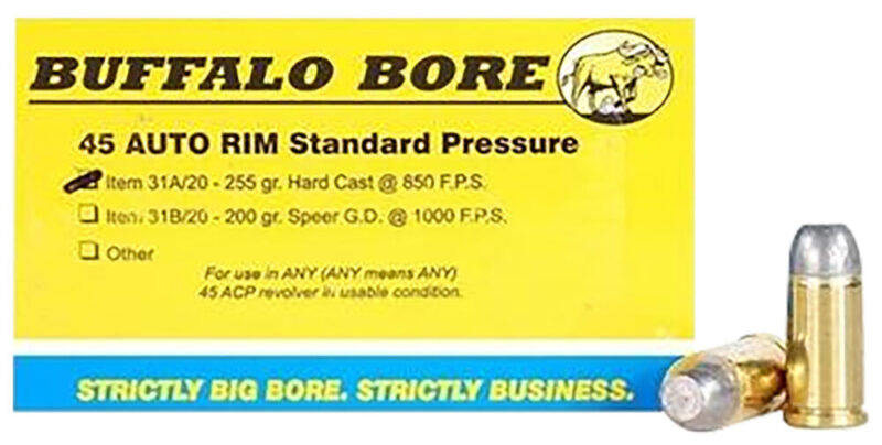 Buffalo Bore Ammunition Standard Pressure Strictly Business 45 Auto Rim 255 gr Hard Cast Flat Nose 20 rd