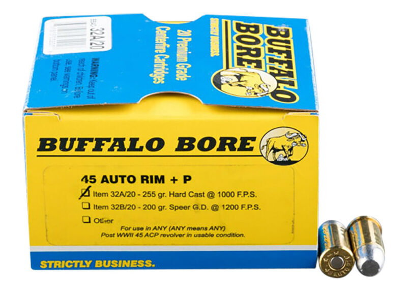 Buffalo Bore Ammunition Personal Defense Strictly Business 45 Auto Rim 255 gr Hard Cast Flat Nose 20 rd